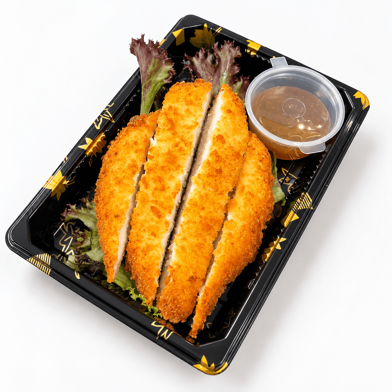 Katsu Tori: krokant gepaneerde kip met salade en fresh lemon saus